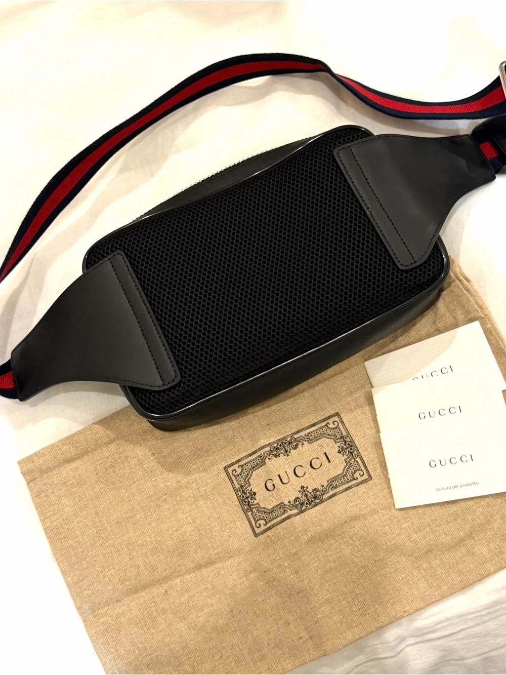 Gucci Black GG Supreme Belt Bag with Red and Navy Web Strap